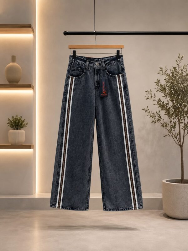 Acid Wash Gray Striped Wide Leg Denim